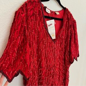 Red Beaded Silk Mini Dress Vintage Glam Statement Party Cocktail Look